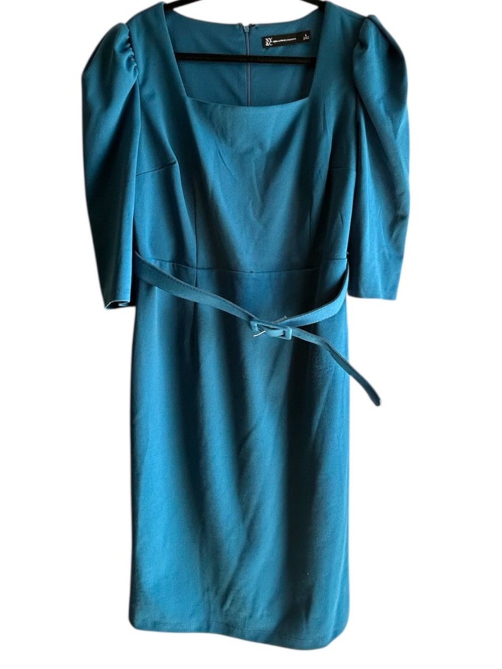 New York & Company Teal Square-Neck Midi Sheath Dress with Belt
